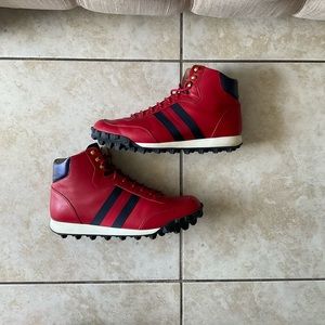 Gucci Red "Yell" Signature Spike Web High Top Sneakers Shoes Sz GG9 Code 478182